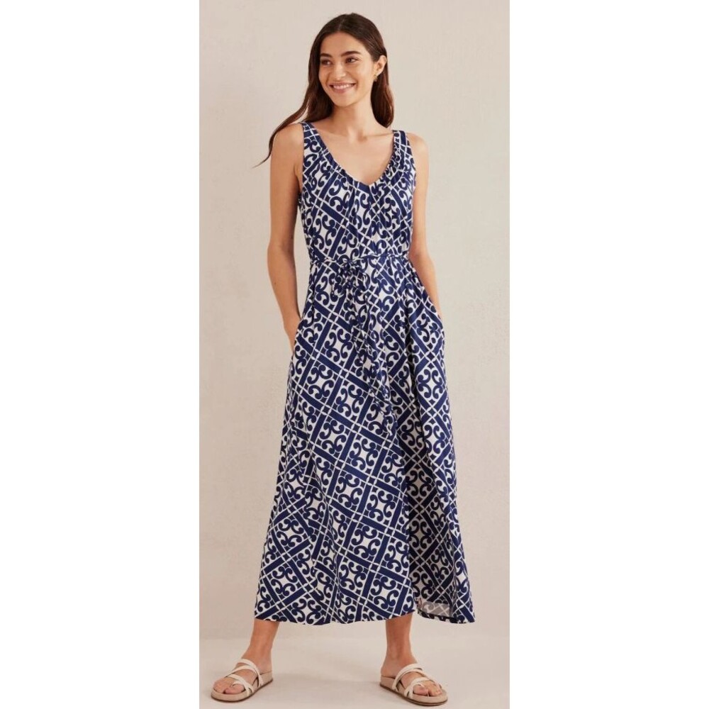 Boden Maxi Dress Womens 2 Jersey Knit Navy Geometric V-neck Preppy Beach Resort
